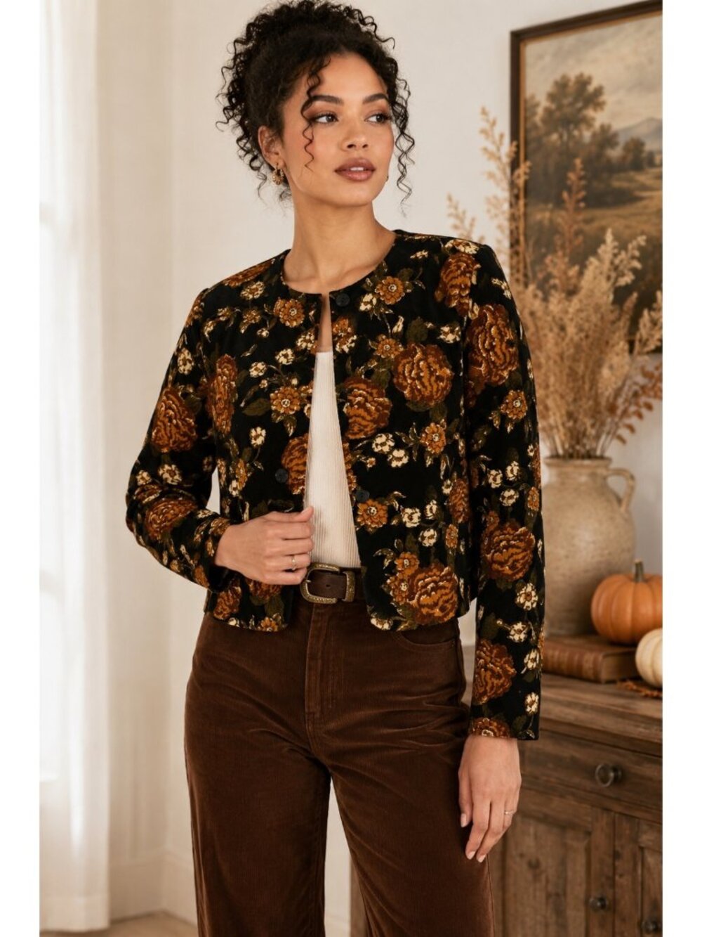 Karen Scott Collections Floral Corduroy Jacket Blazer Women’s Size 12 Cottagecor